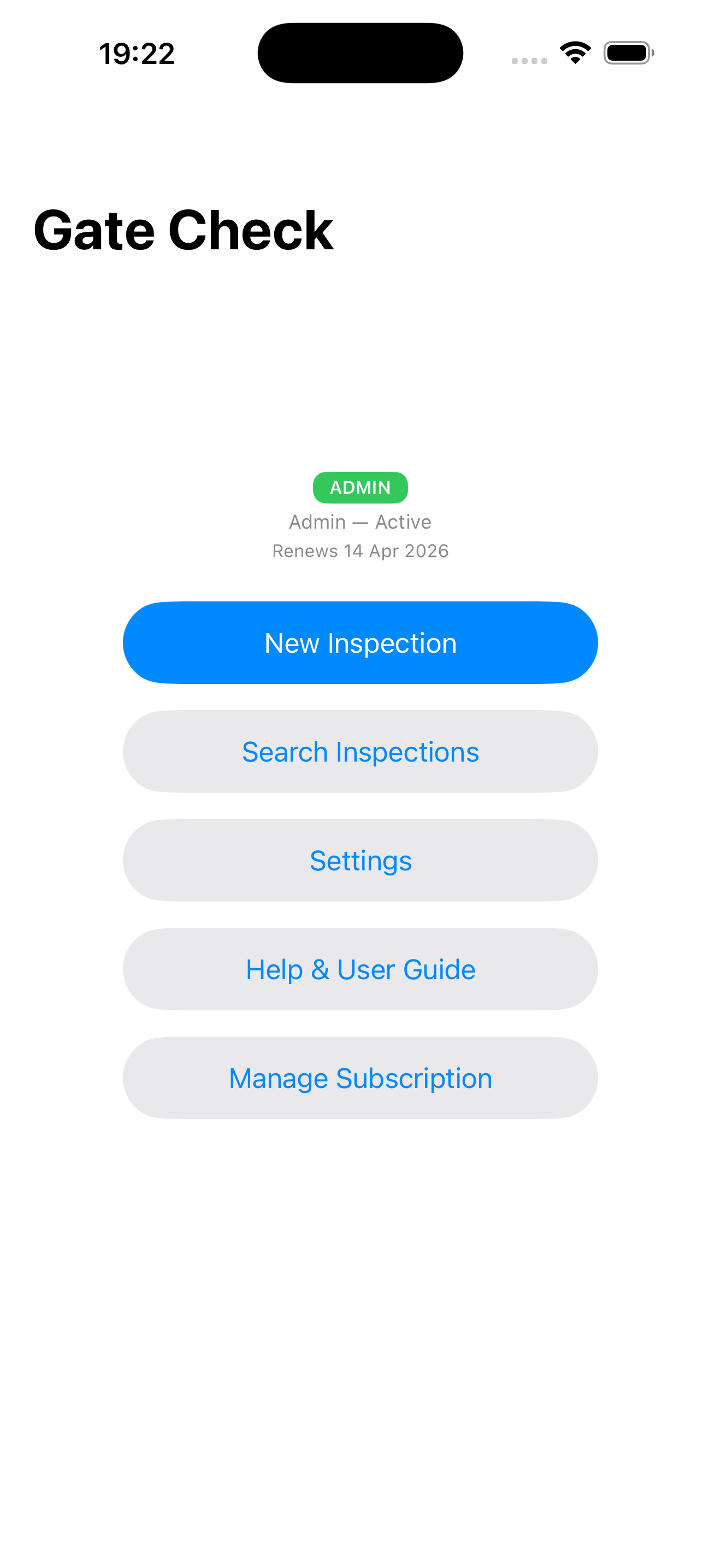 Site Gate Check home screen