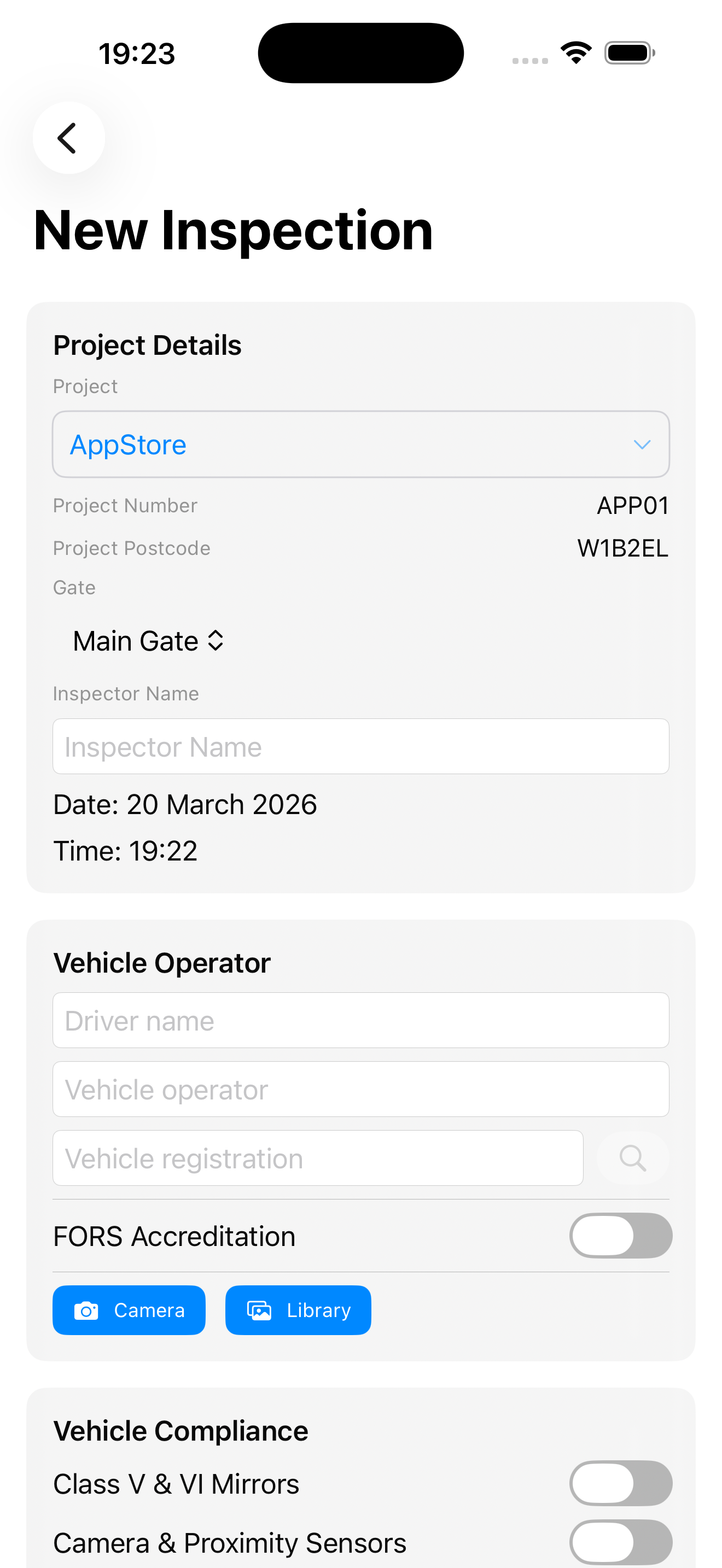 Inspection form - project details and vehicle operator