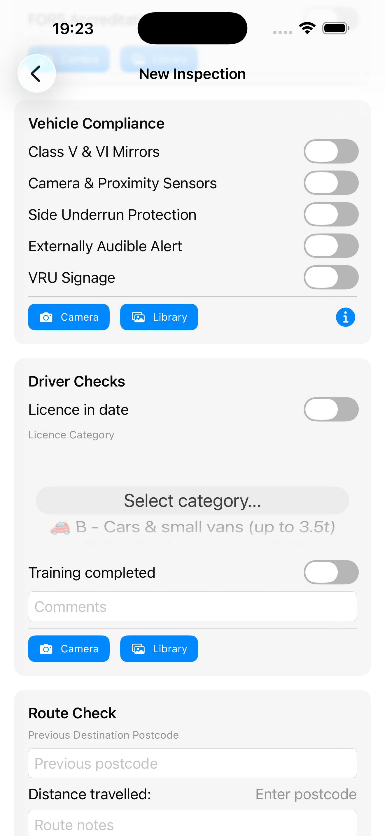 Inspection form - compliance checks and route