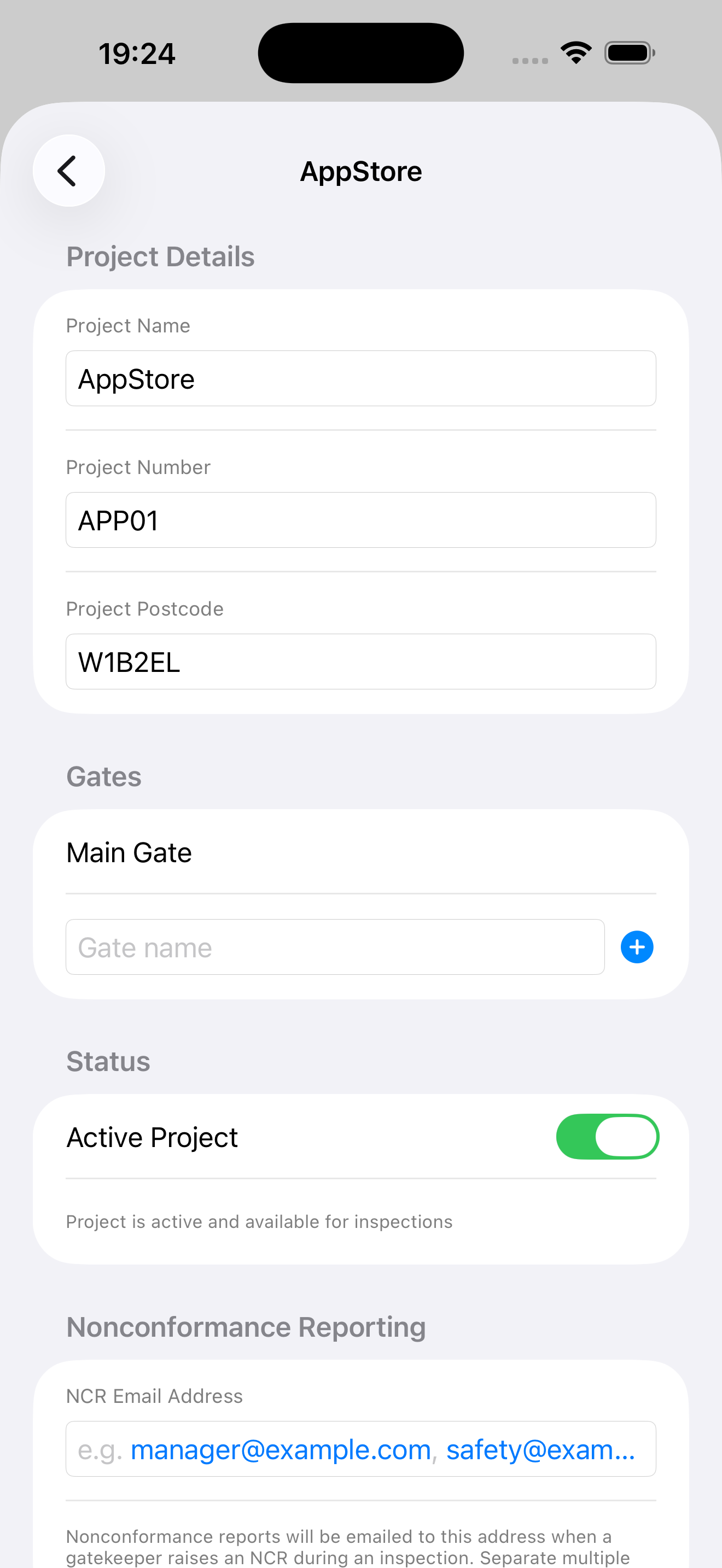 Project settings screen